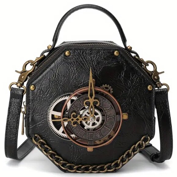 Steampunk Industrial Roman Numeral Antique Clock Octagon Purse Bag - Picture 1 of 5